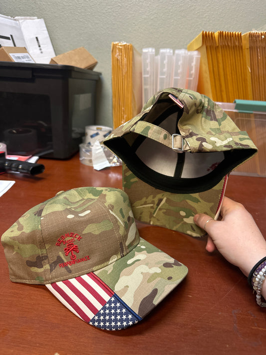 Light Camo W/ American Flag & Red Offset Logo Cinch Hat